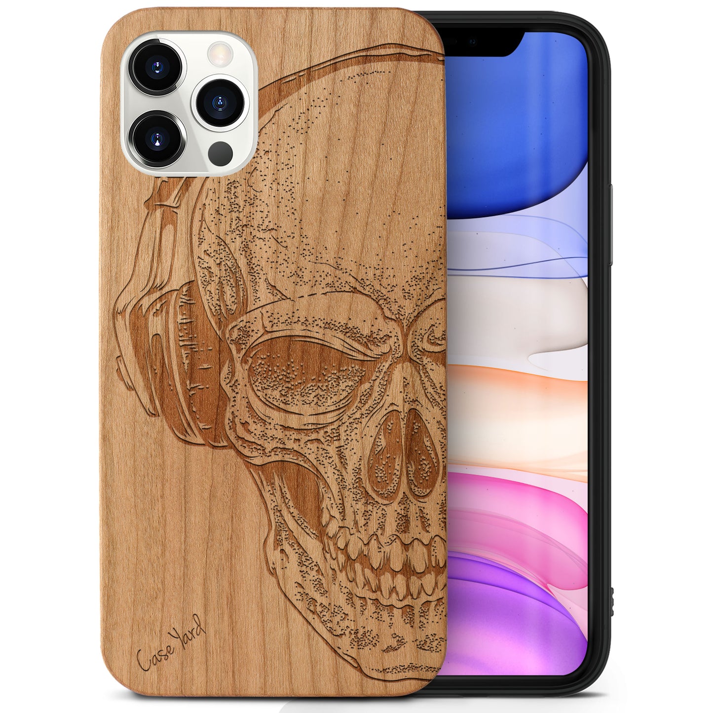 Wooden Cell Phone Case Cover, Laser Engraved case for iPhone & Samsung phone Headphone Skull Wood Design