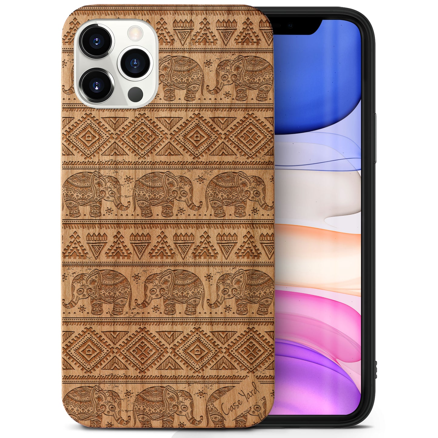 Elephant Pattern Wood Wooden Laser Engraved Phone Case