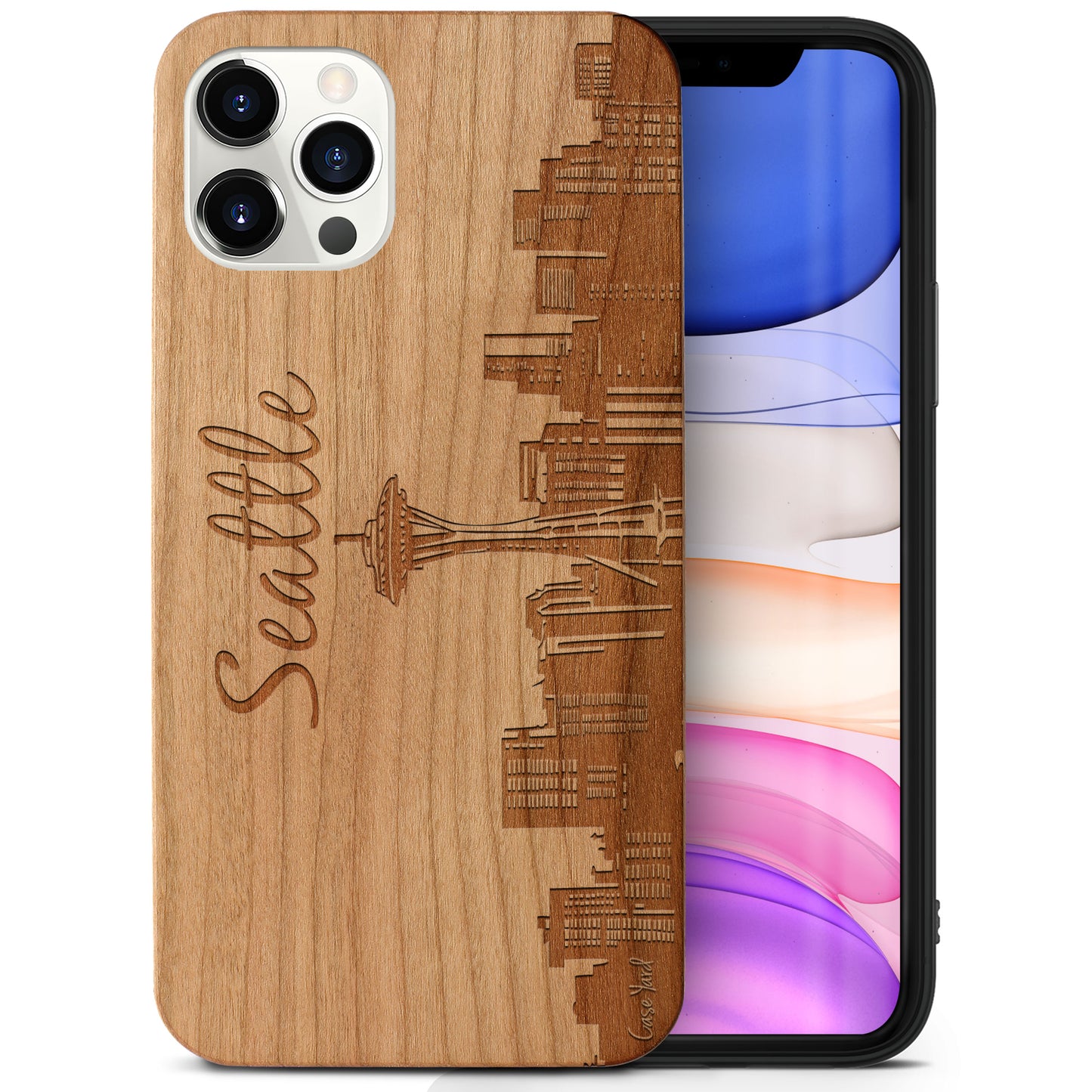 Wooden Cell Phone Case Cover, Laser Engraved case for iPhone & Samsung phone Seattle Skyline Design