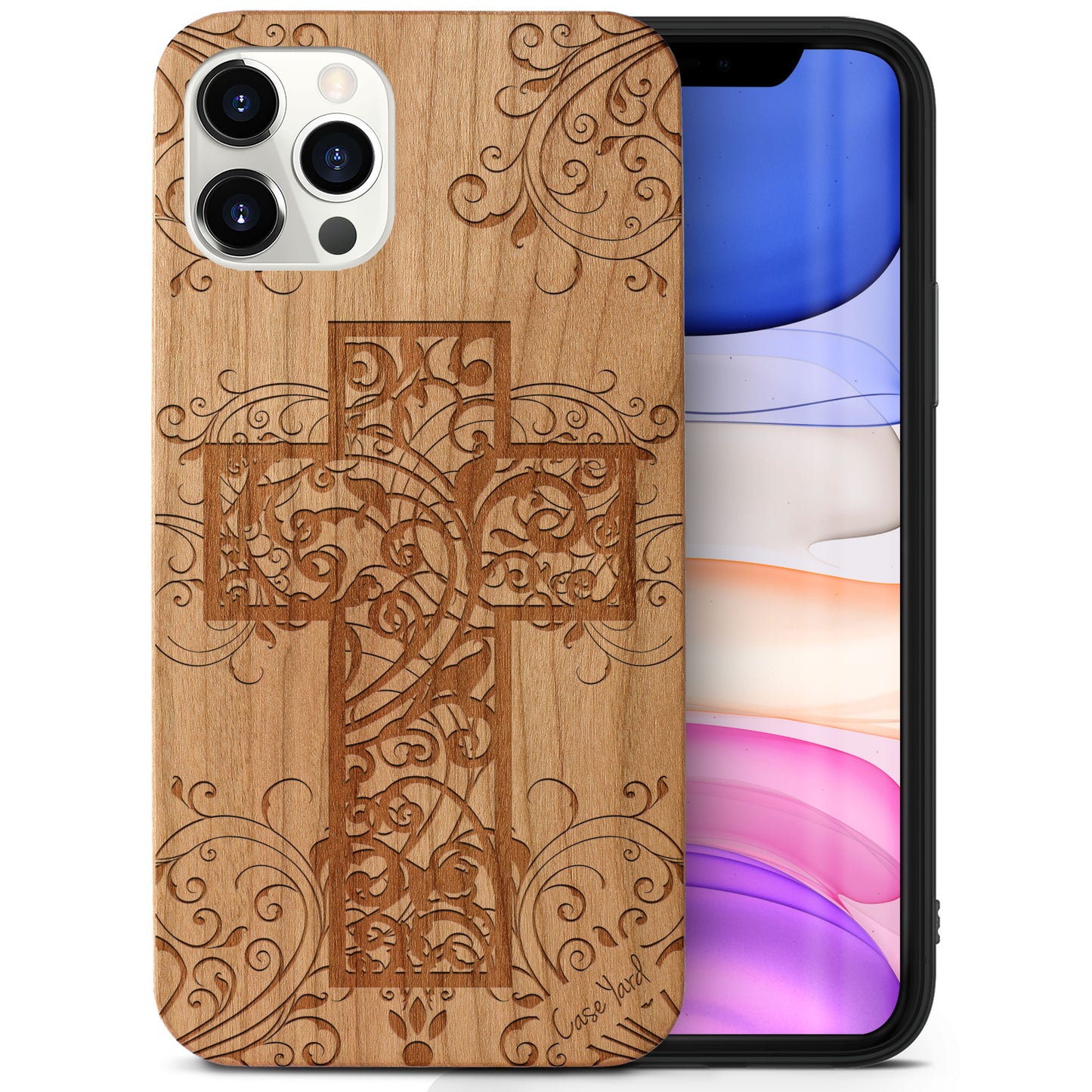 Wooden Cell Phone Case Cover, Laser Engraved case for iPhone & Samsung phone Cross Floral Design