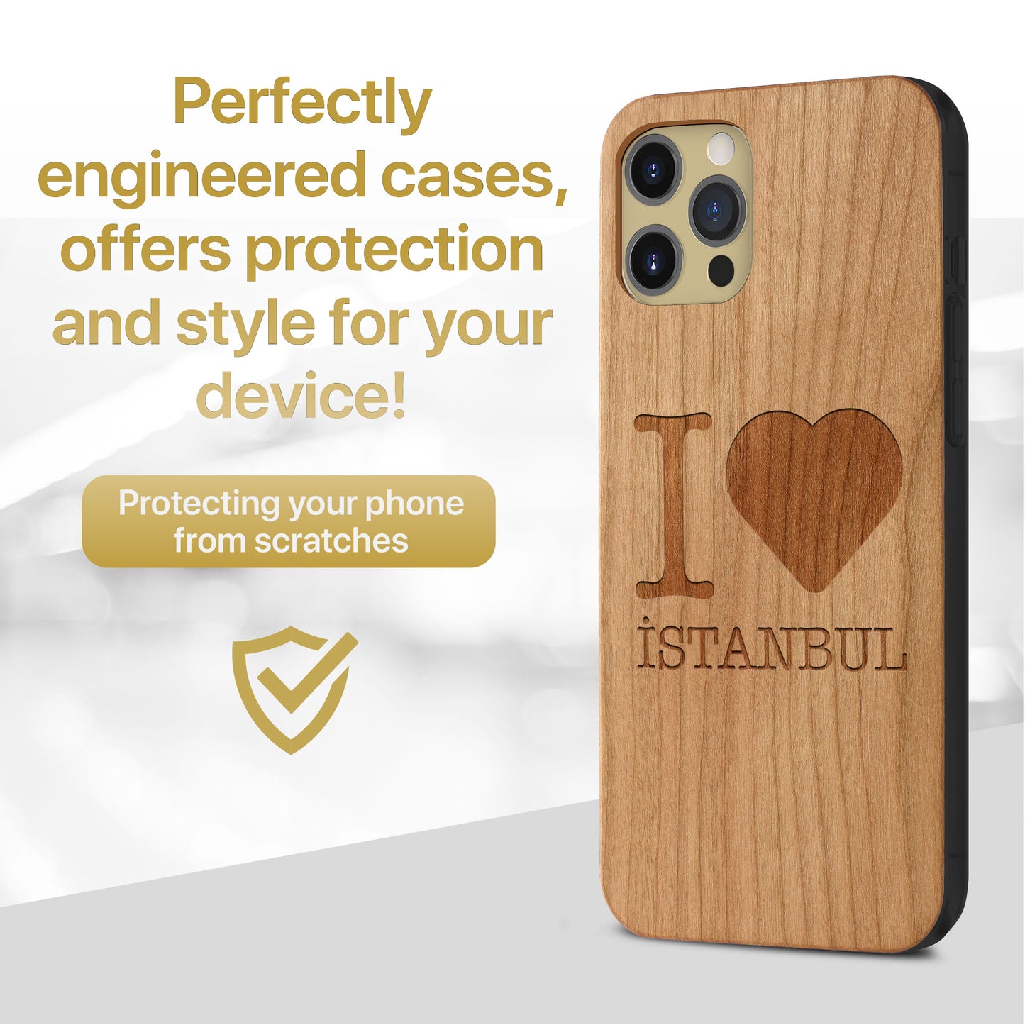 Wooden Cell Phone Case Cover, Laser Engraved case for iPhone & Samsung phone I Love Istanbul Design