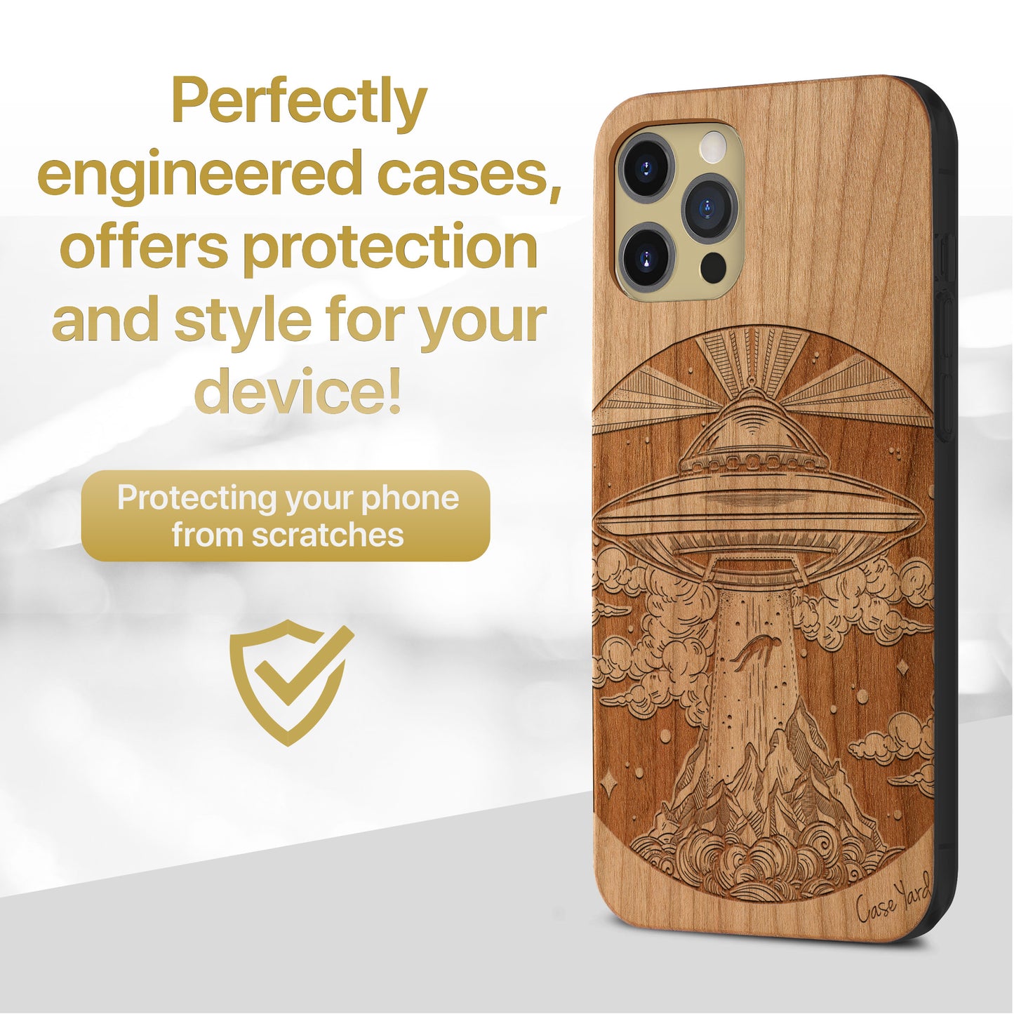 Wooden Cell Phone Case Cover, Laser Engraved case for iPhone & Samsung phone Alien Spaceship Design