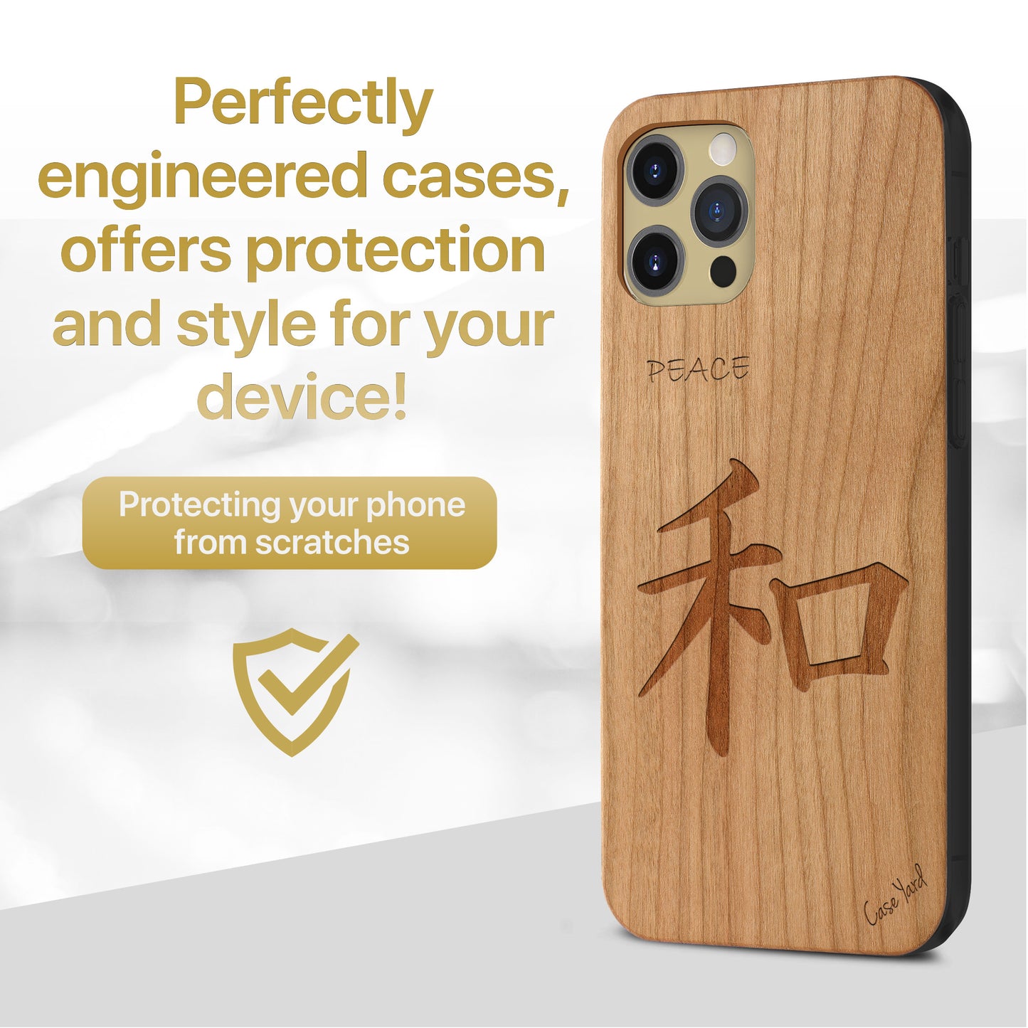 Wooden Cell Phone Case Cover, Laser Engraved case for iPhone & Samsung phone Kanji Peace Design