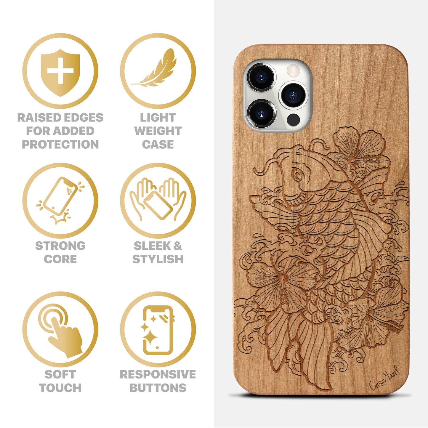 Wooden Cell Phone Case Cover, Laser Engraved case for iPhone & Samsung phone Hibiscus & Koi Fish Design