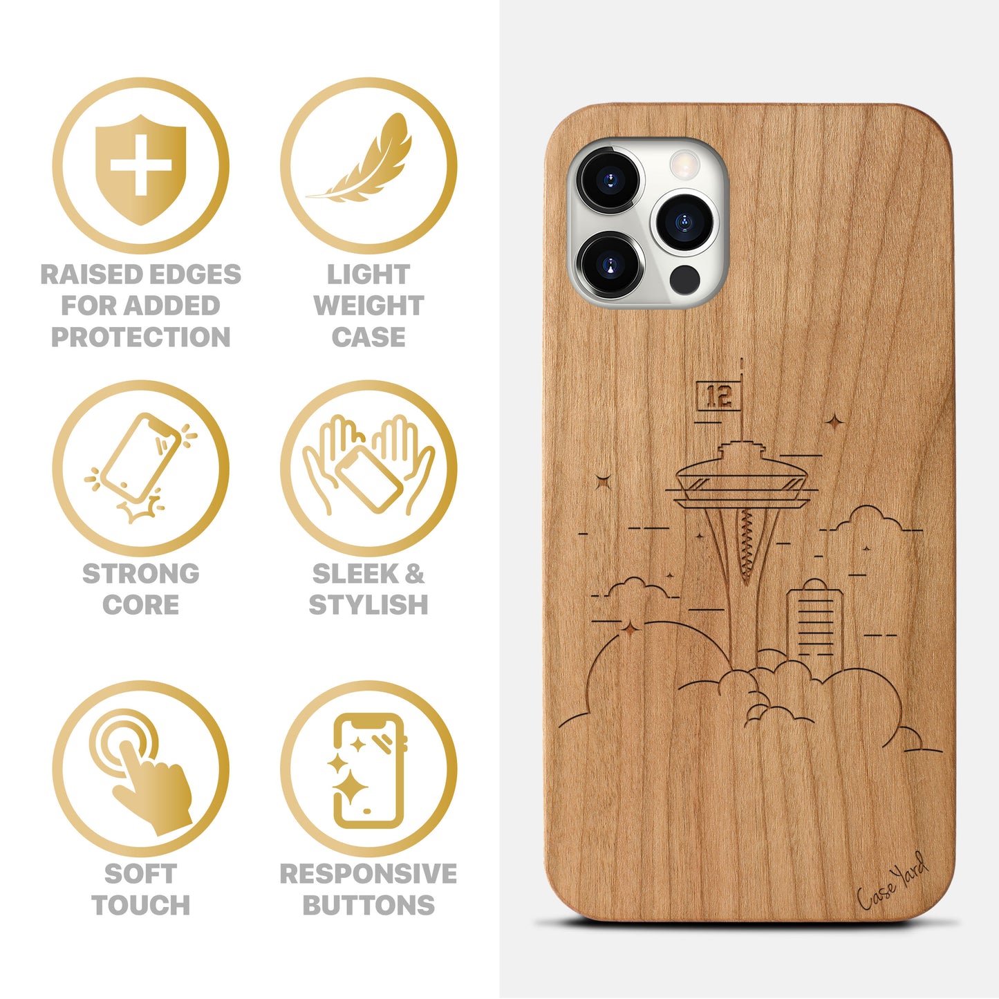 Wooden Cell Phone Case Cover, Laser Engraved case for iPhone & Samsung phone Seattle 12 Design