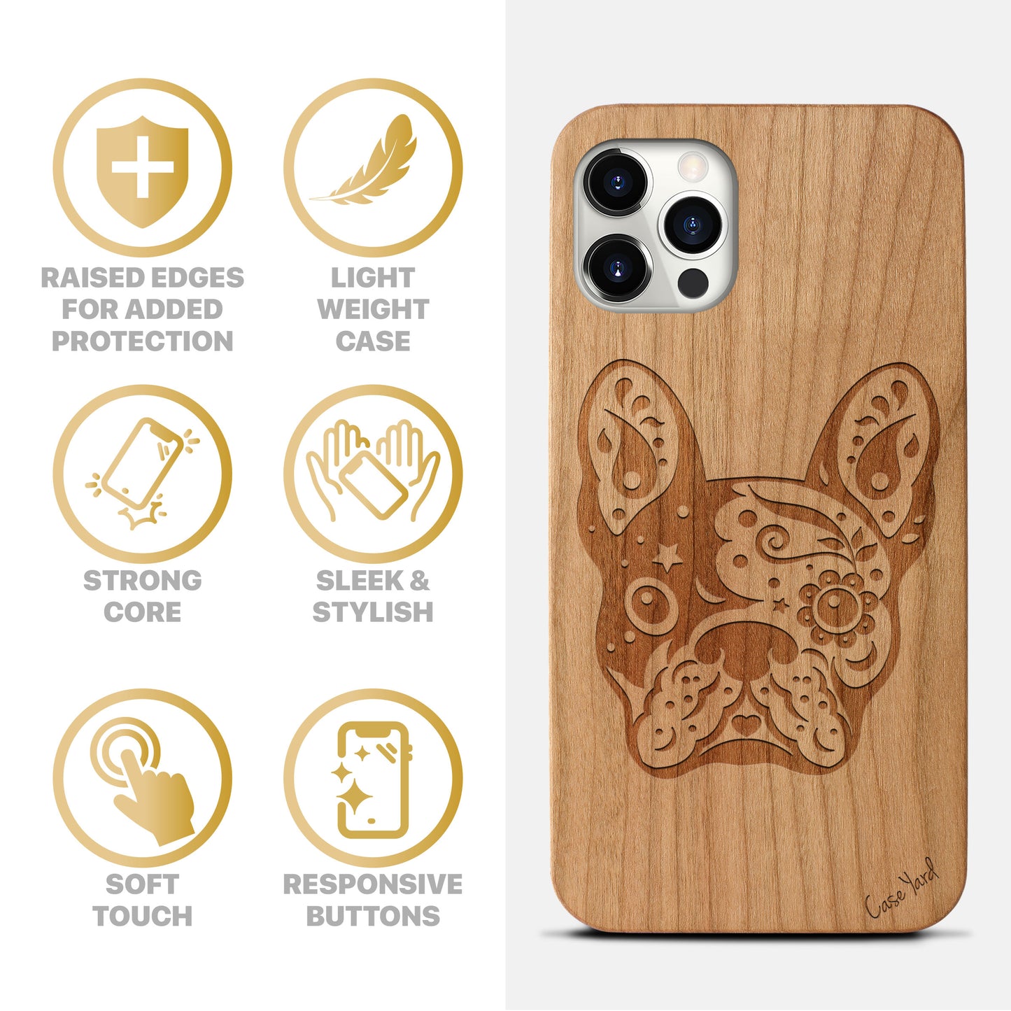 Bulldog Wooden Laser Engraved Phone Case for iPhone & Samsung Phones