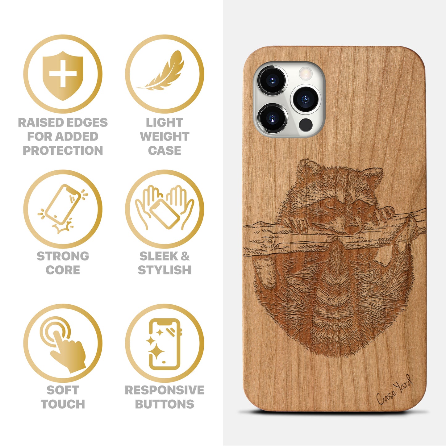 Wooden Cell Phone Case Cover, Laser Engraved case for iPhone & Samsung phone Raccoon Design