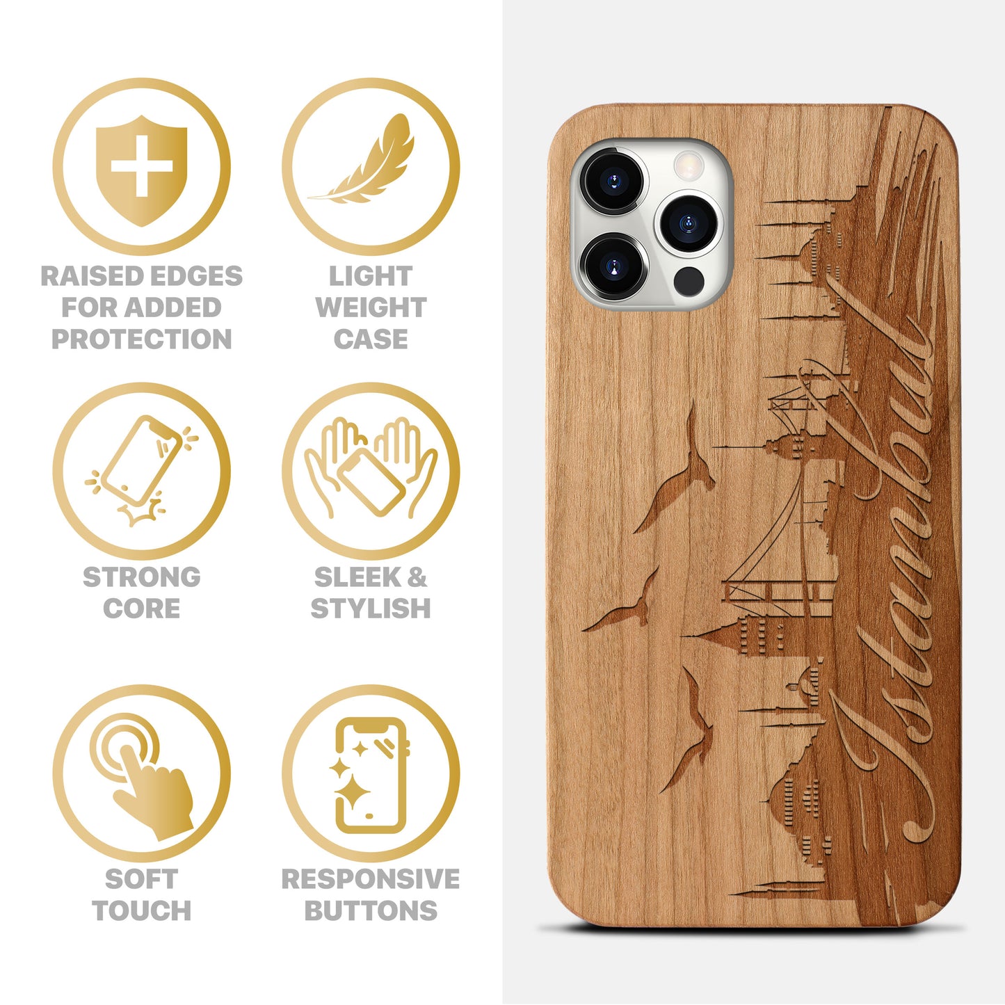 Wooden Cell Phone Case Cover, Laser Engraved case for iPhone & Samsung phone Istanbul Love Design