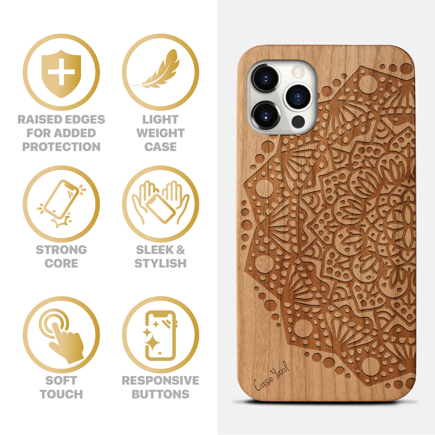 Wooden Cell Phone Case Cover, Laser Engraved case for iPhone & Samsung phone Half Mandala Design