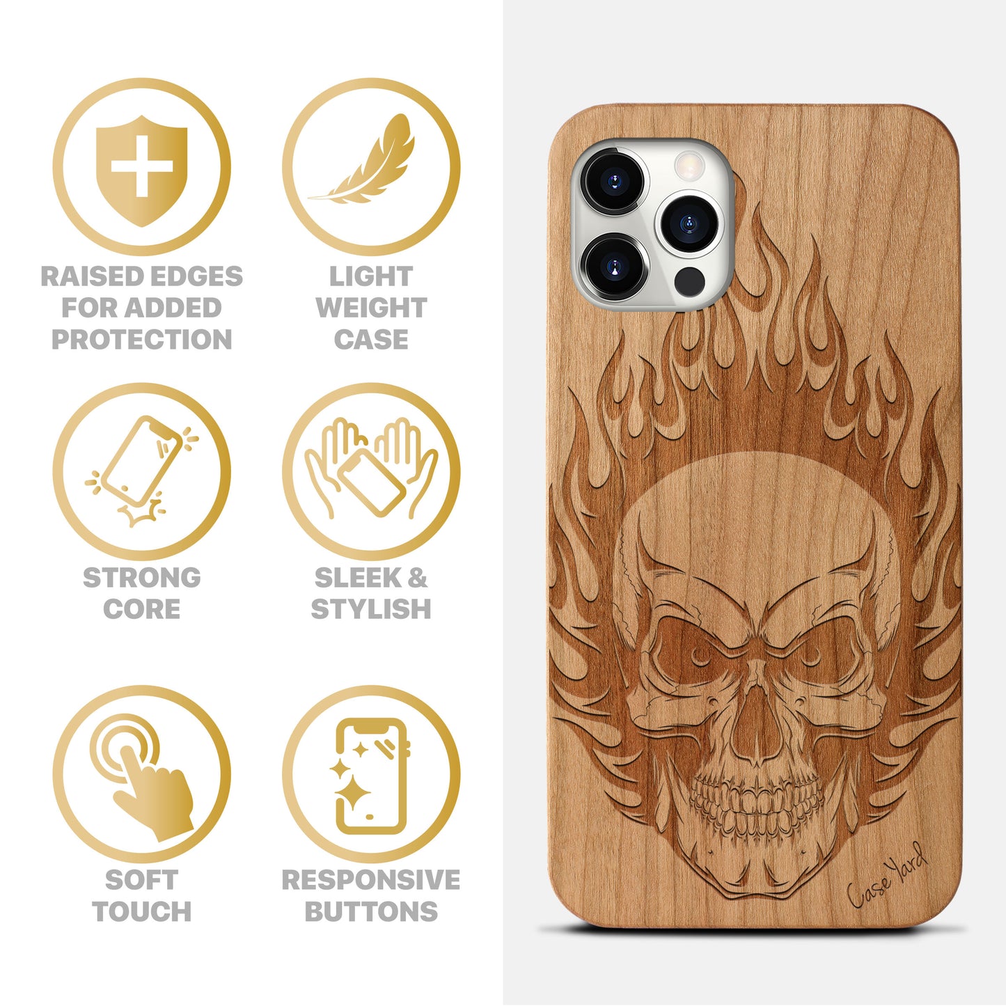 Wooden Cell Phone Case Cover, Laser Engraved case for iPhone & Samsung phone Skull On Fire Design