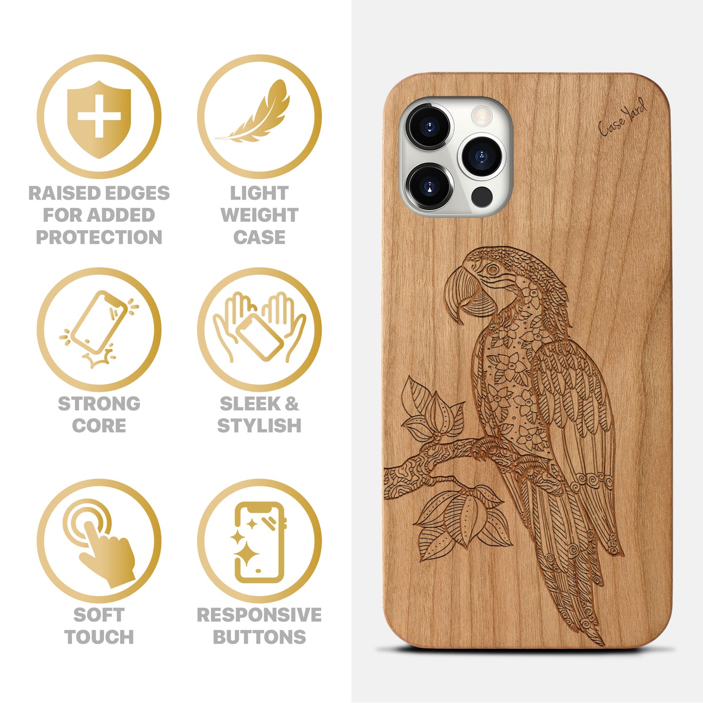 Wooden Cell Phone Case Cover, Laser Engraved case for iPhone & Samsung phone Ara Parrot Design