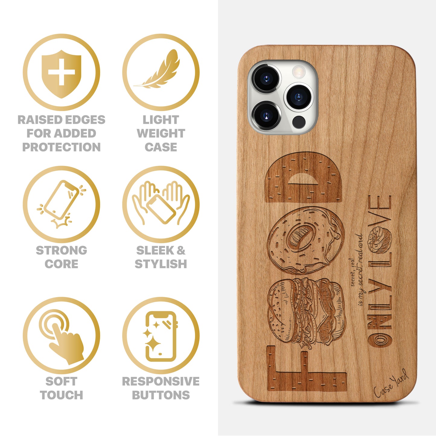 Wooden Cell Phone Case Cover, Laser Engraved case for iPhone & Samsung phone Food is Only Love Design