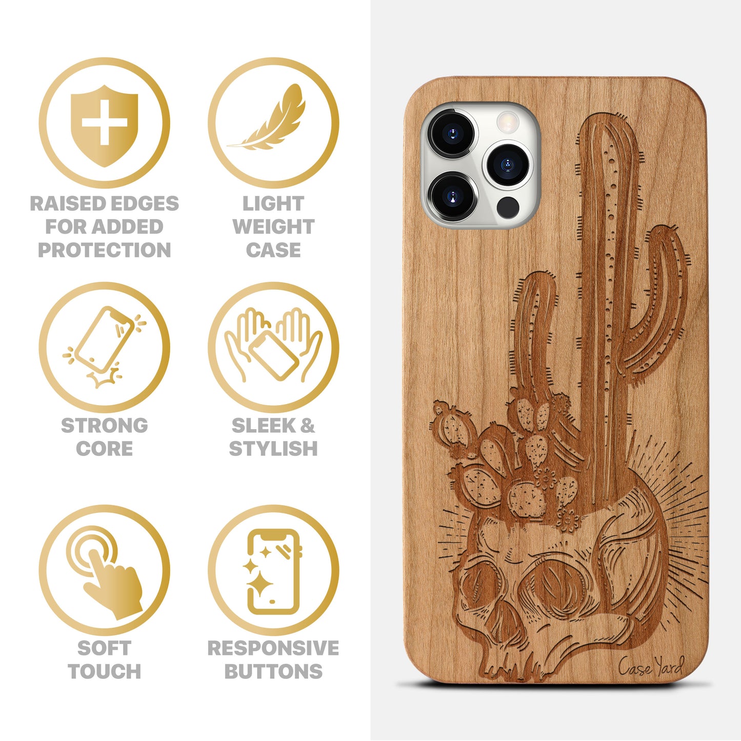 Wooden Cell Phone Case Cover, Laser Engraved case for iPhone & Samsung phone Skull with Cactus Design