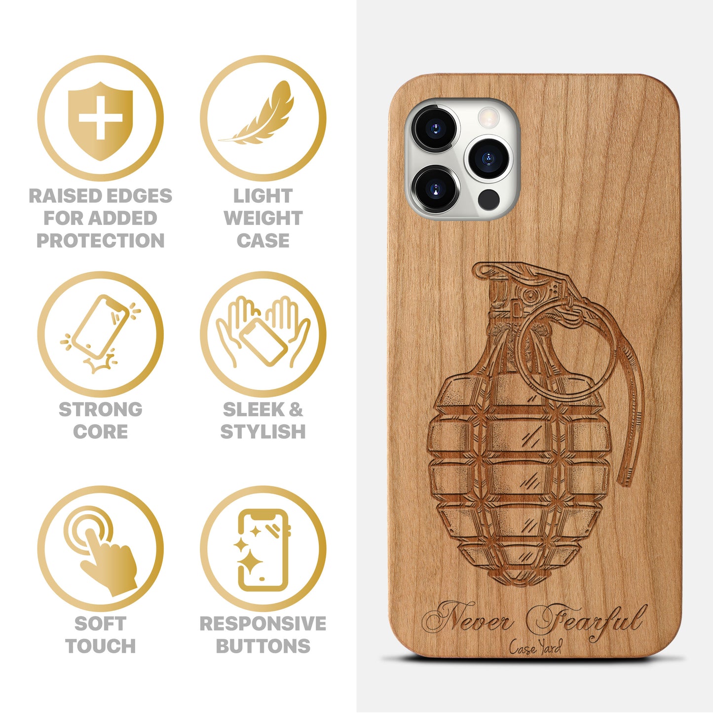 Wooden Cell Phone Case Cover, Laser Engraved case for iPhone & Samsung phone Never Fearful Design