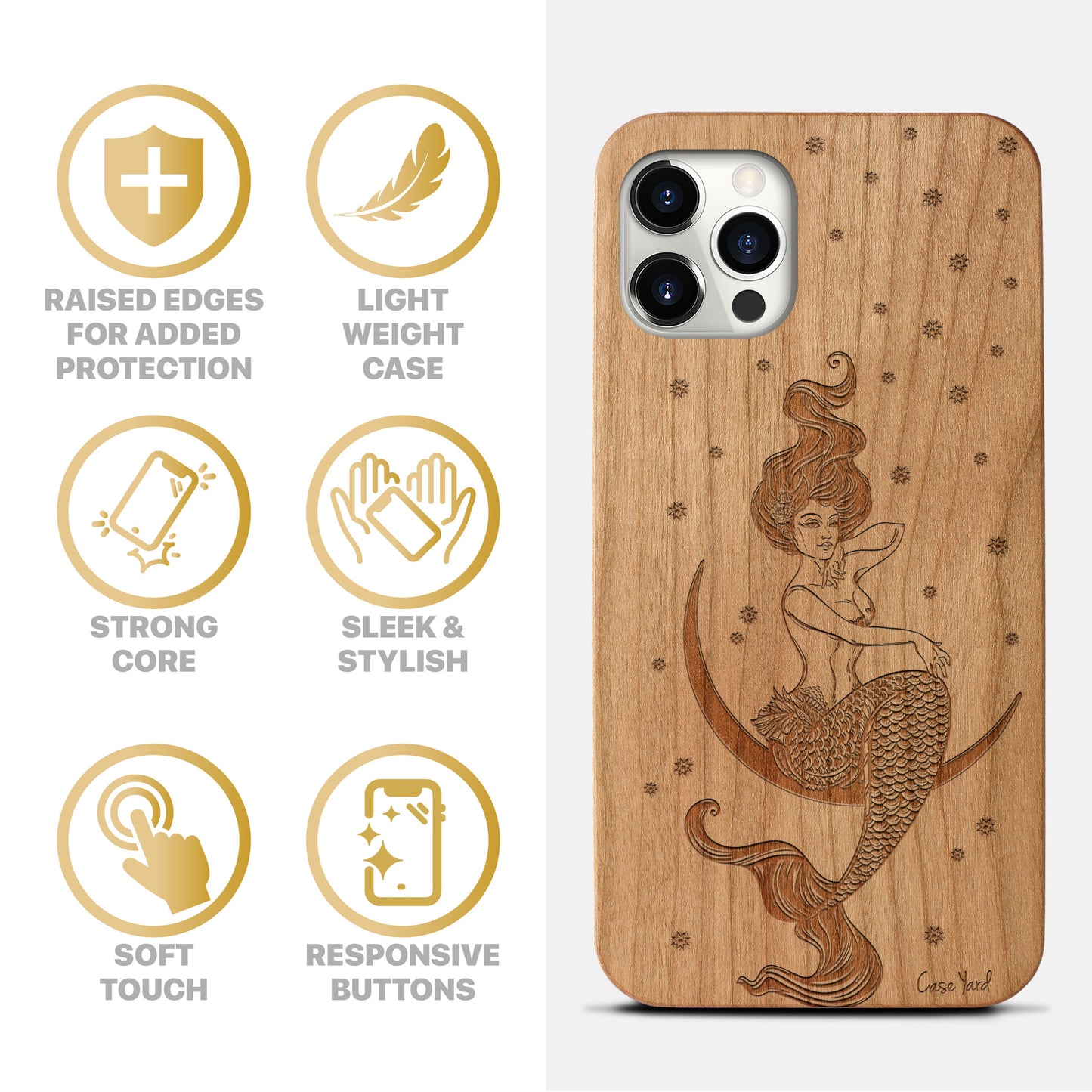 Wooden Cell Phone Case Cover, Laser Engraved case for iPhone & Samsung phone Mermaid on the Moon Design