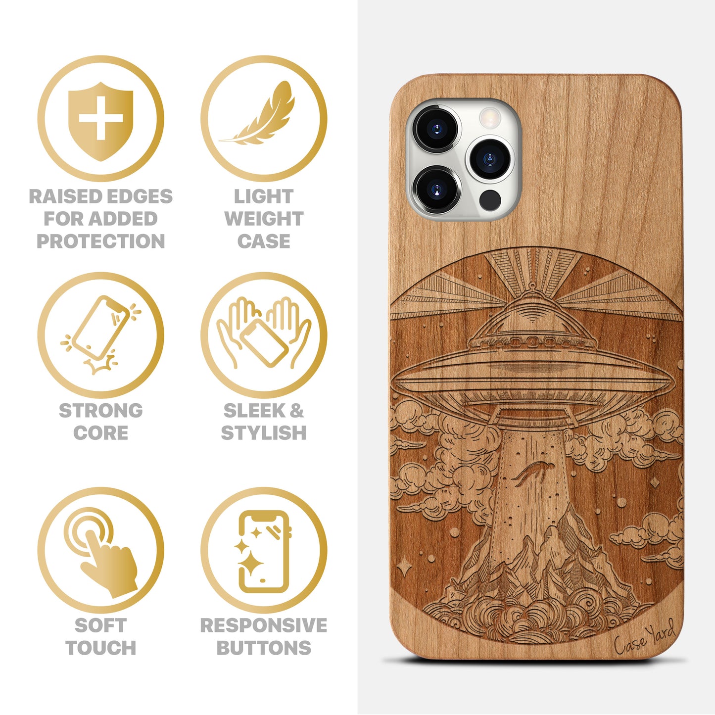 Wooden Cell Phone Case Cover, Laser Engraved case for iPhone & Samsung phone Alien Spaceship Design