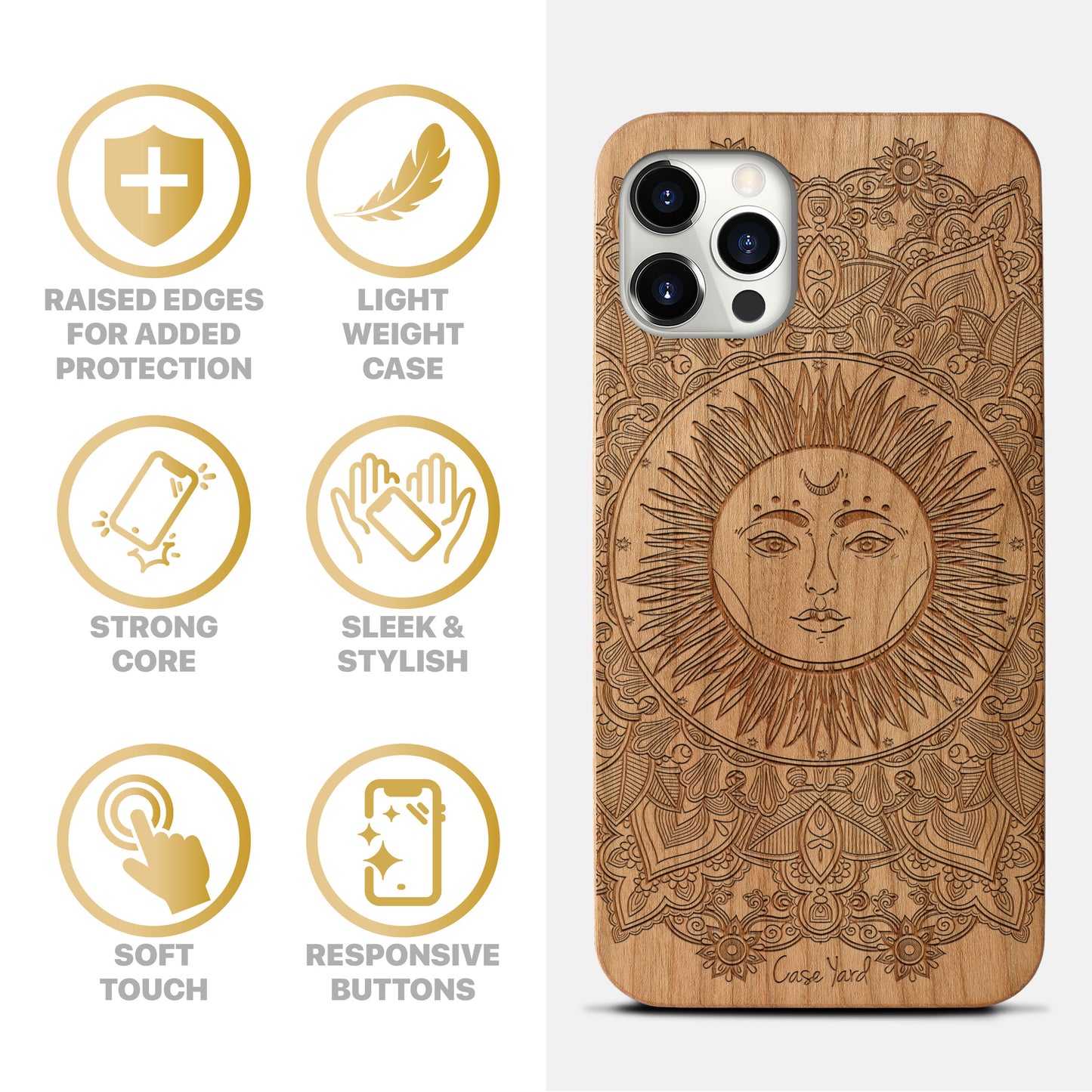 Wooden Cell Phone Case Cover, Laser Engraved case for iPhone & Samsung phone Sun Mandala Design