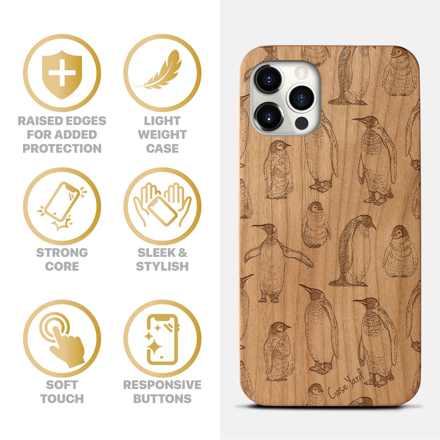 Penguin Pattern Wooden Laser Engraved Phone Case for iPhone