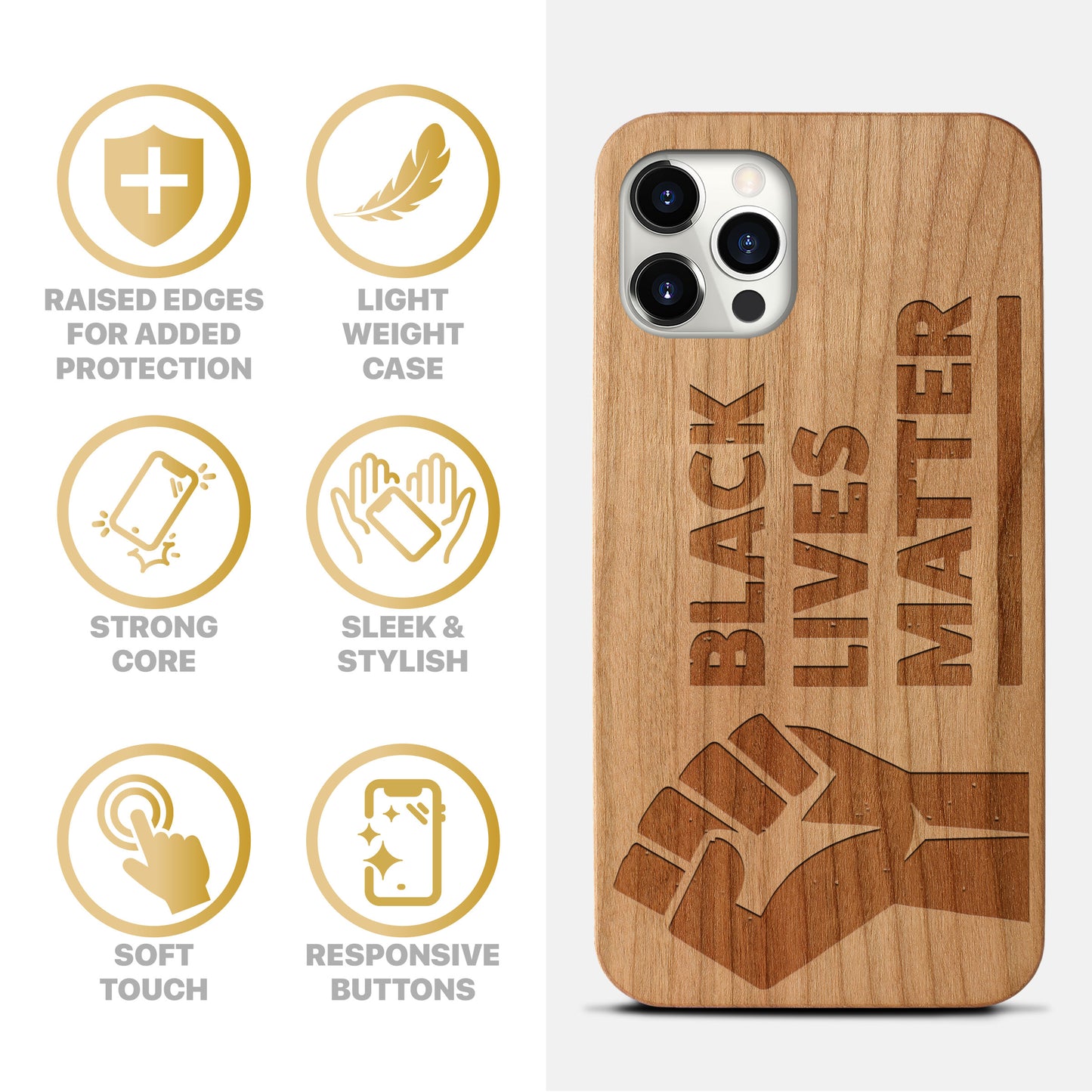 Wooden Cell Phone Case Cover, Laser Engraved case for iPhone & Samsung phone Black Lives Matter Design