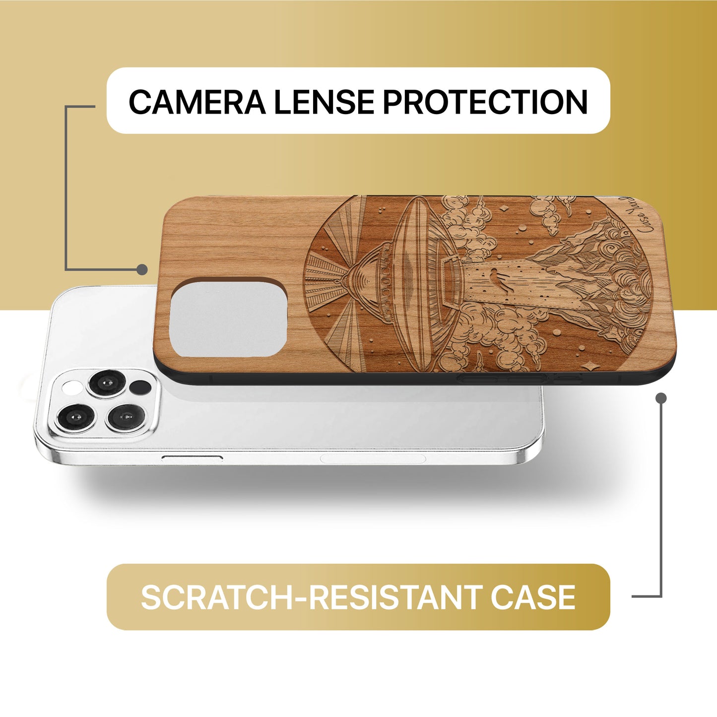 Alien Spaceship Wooden Laser Engraved Phone Case for iPhone & Samsung Phones