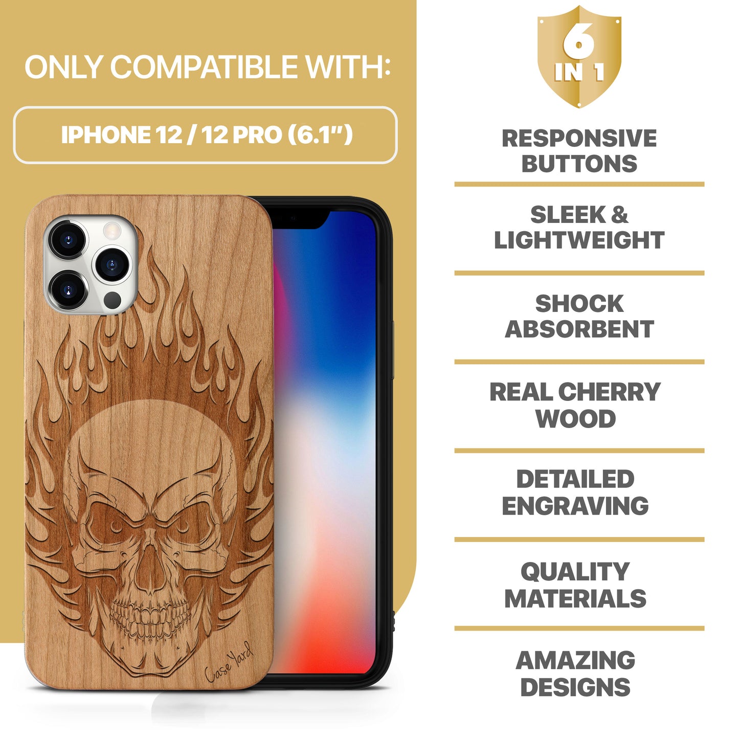 Wooden Cell Phone Case Cover, Laser Engraved case for iPhone & Samsung phone Skull On Fire Design