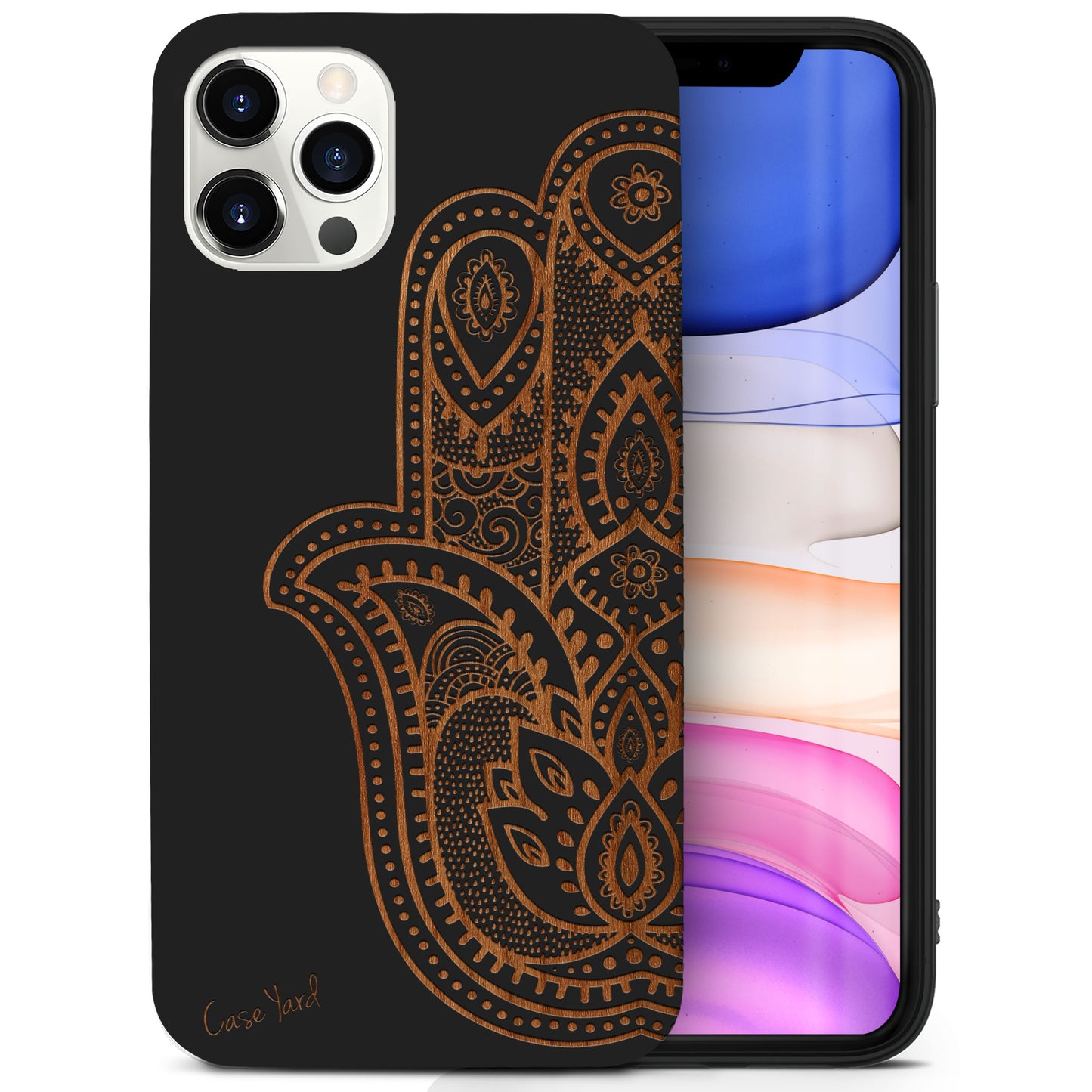 Wooden Cell Phone Case Cover, Laser Engraved case for iPhone & Samsung phone Half Hamsa Hand Wood Design