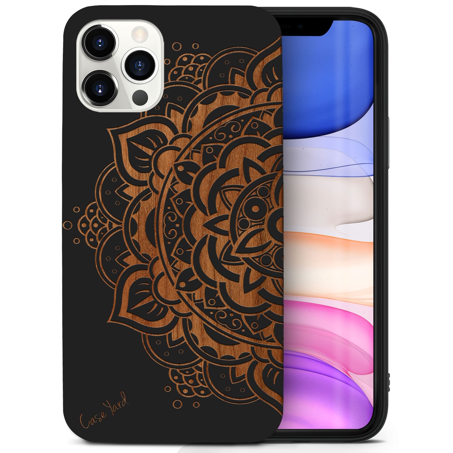Wooden Cell Phone Case Cover, Laser Engraved case for iPhone & Samsung phone Half Flower Mandala Design