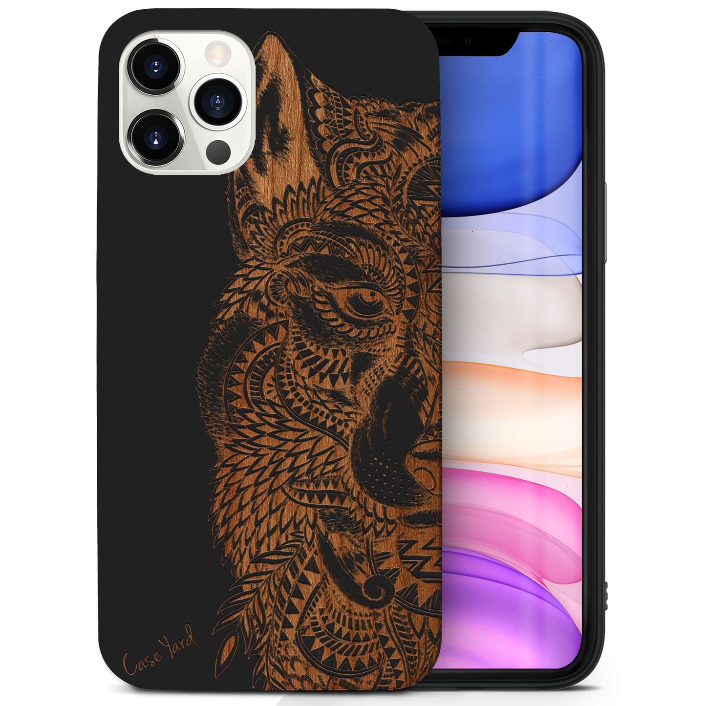 Wolf Face Half Wooden Laser Engraved Phone Case for iPhone