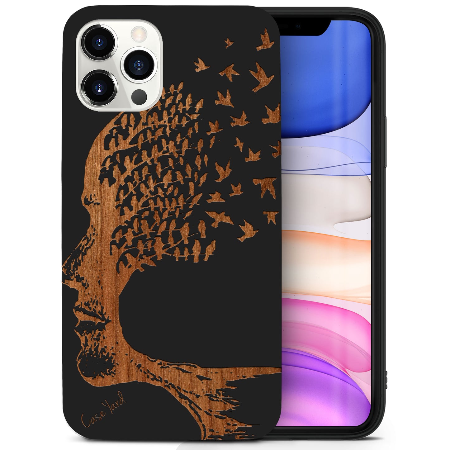 Head with Flying Birds Wooden Laser Engraved Phone Case