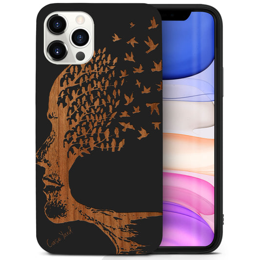 Head with Flying Birds Wooden Laser Engraved Phone Case