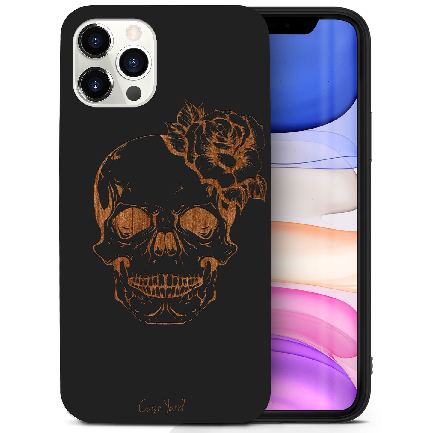 Wooden Cell Phone Case Cover, Laser Engraved case for iPhone & Samsung phone Skull Flower Design