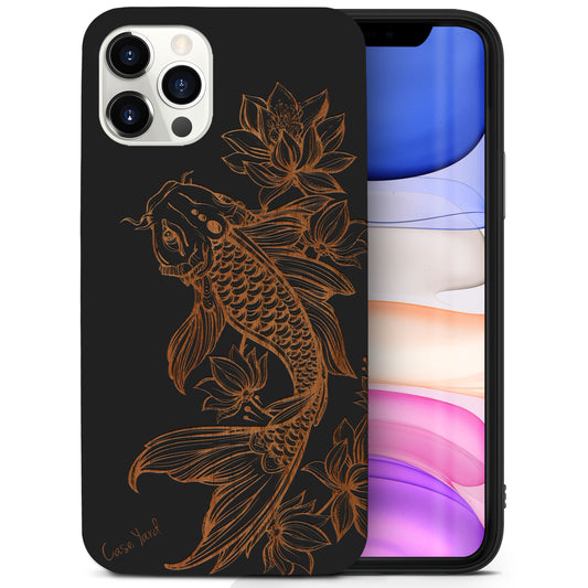 Wooden Cell Phone Case Cover, Laser Engraved case for iPhone & Samsung phone Floral Koi Fish Design