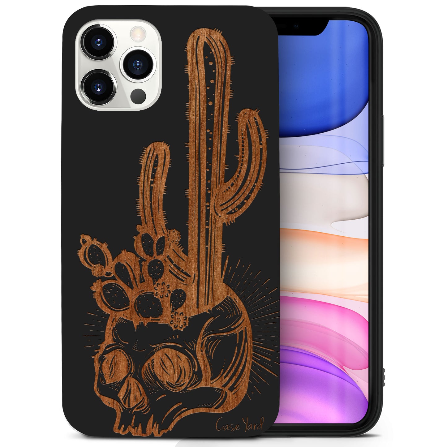 Wooden Cell Phone Case Cover, Laser Engraved case for iPhone & Samsung phone Skull with Cactus Design