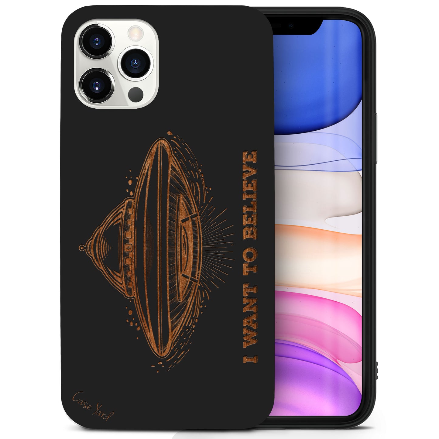Wooden Cell Phone Case Cover, Laser Engraved case for iPhone & Samsung phone I Want to Believe Design