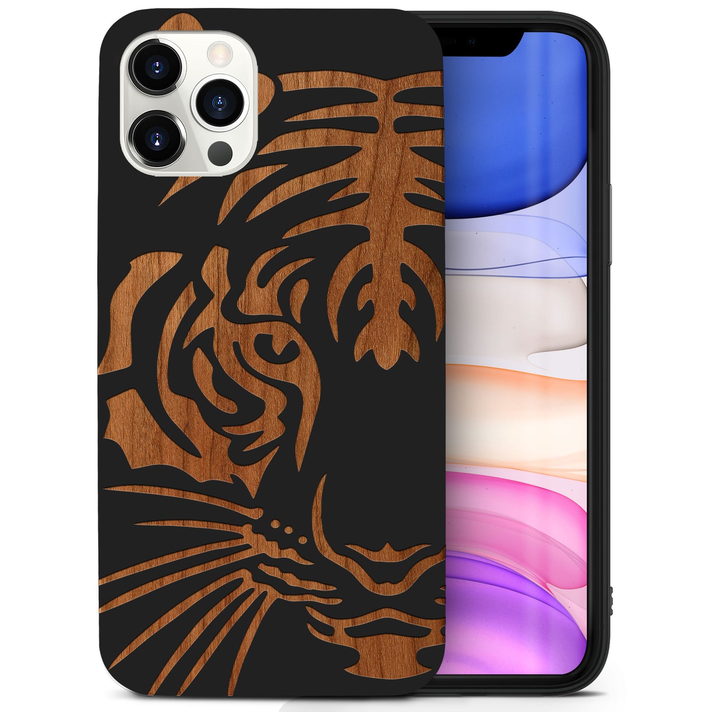 Half TigerFace Wooden Laser Engraved Phone Case