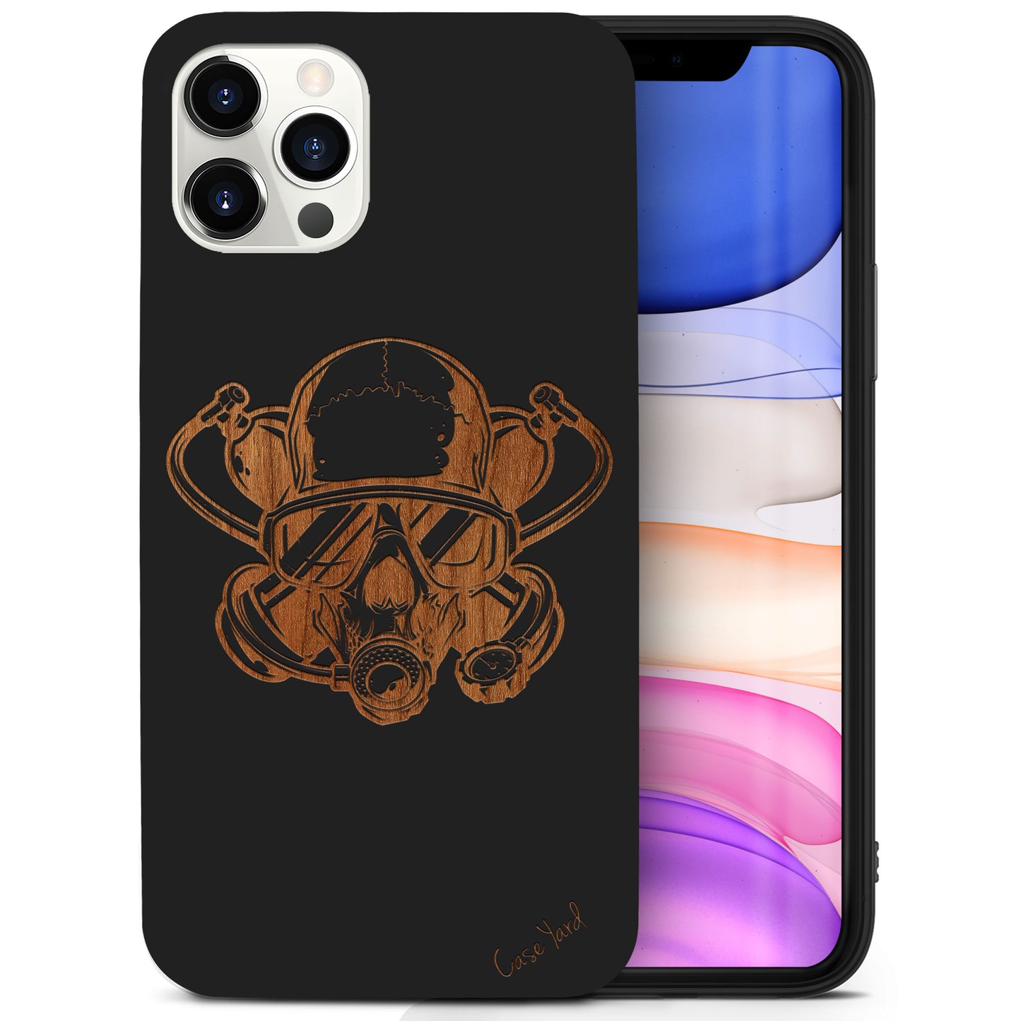 Diver Skull Wooden Laser Engraved Phone Case