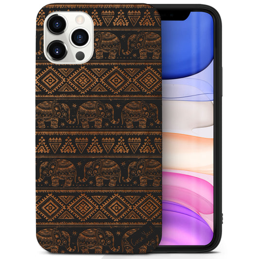 Elephant Pattern Wood Wooden Laser Engraved Phone Case