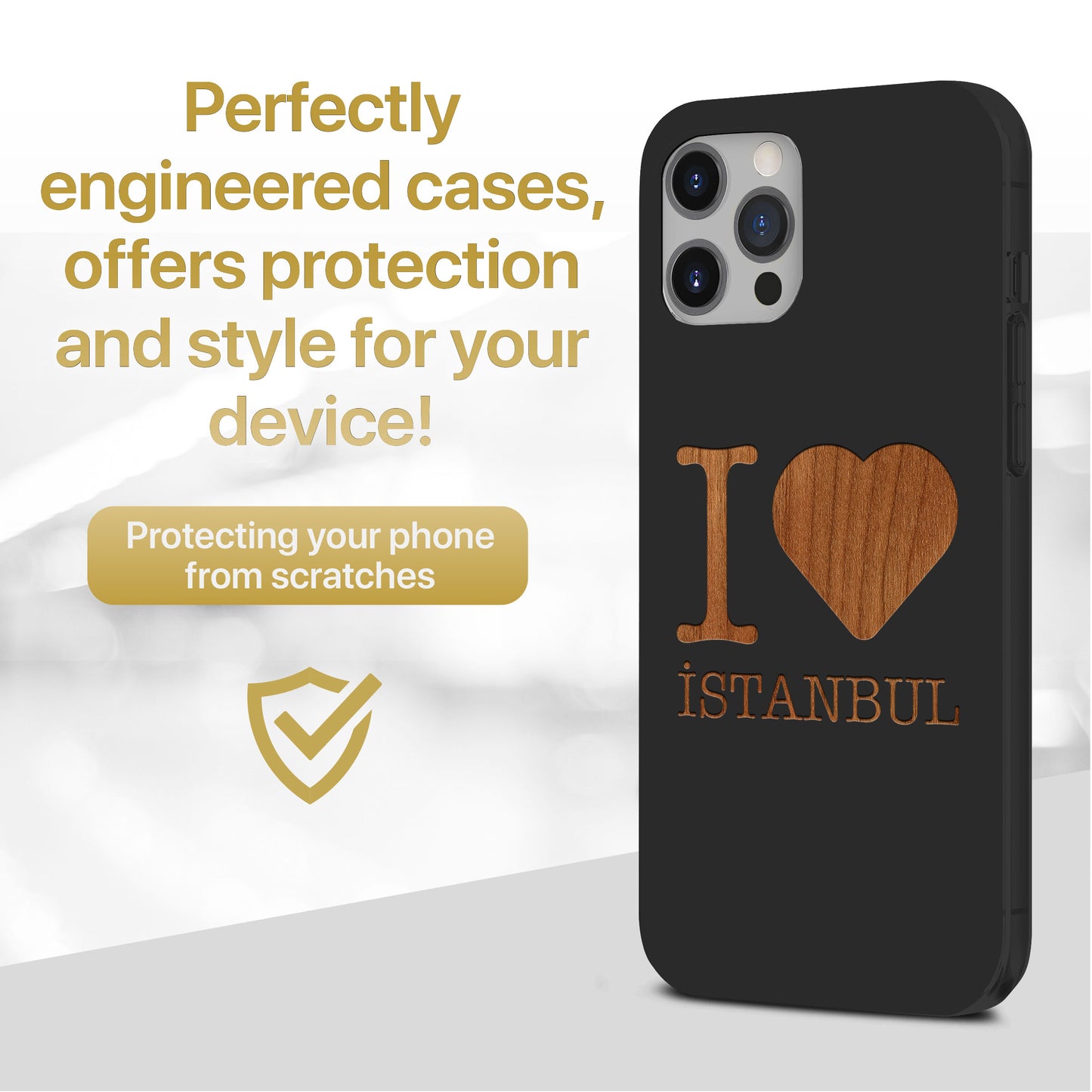 Wooden Cell Phone Case Cover, Laser Engraved case for iPhone & Samsung phone I Love Istanbul Design