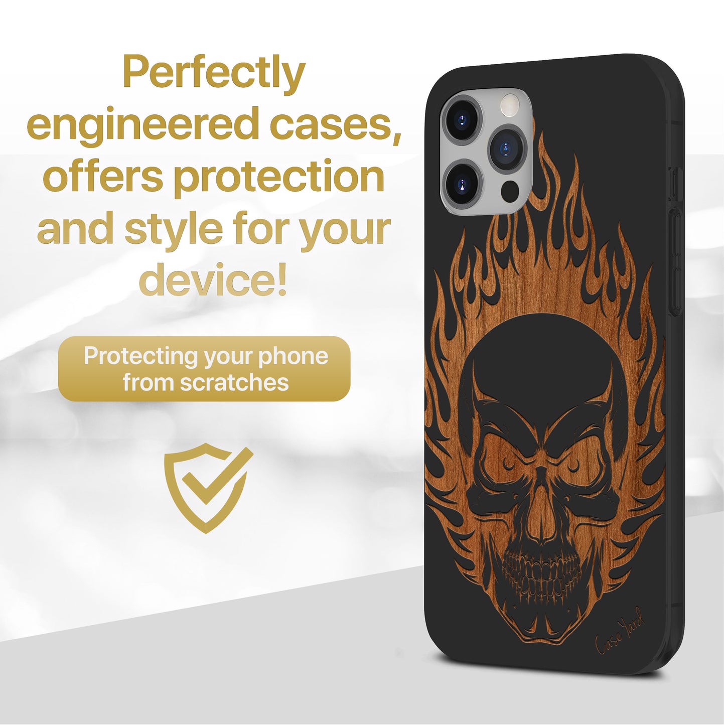 Wooden Cell Phone Case Cover, Laser Engraved case for iPhone & Samsung phone Skull on Fire Design