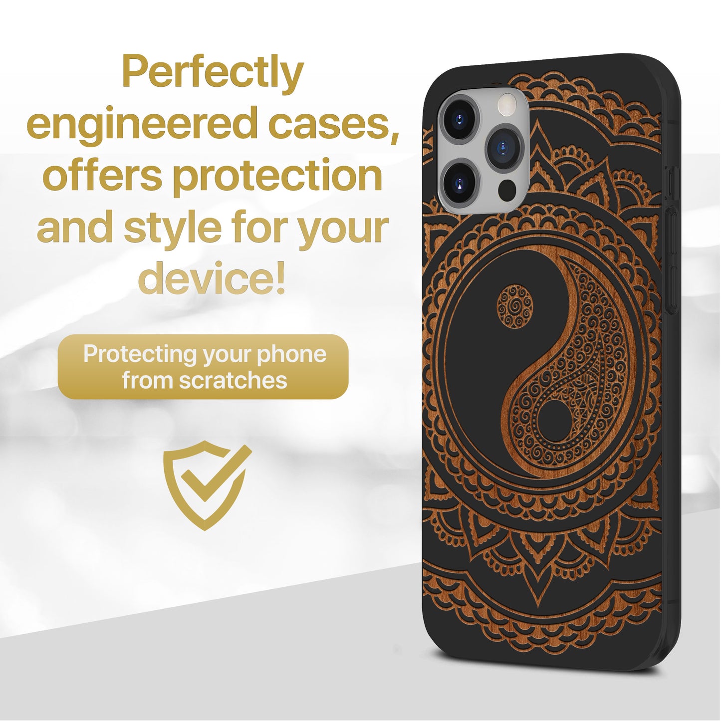 Wooden Cell Phone Case Cover, Laser Engraved case for iPhone & Samsung phone Ying Yang Mandala 2 Design