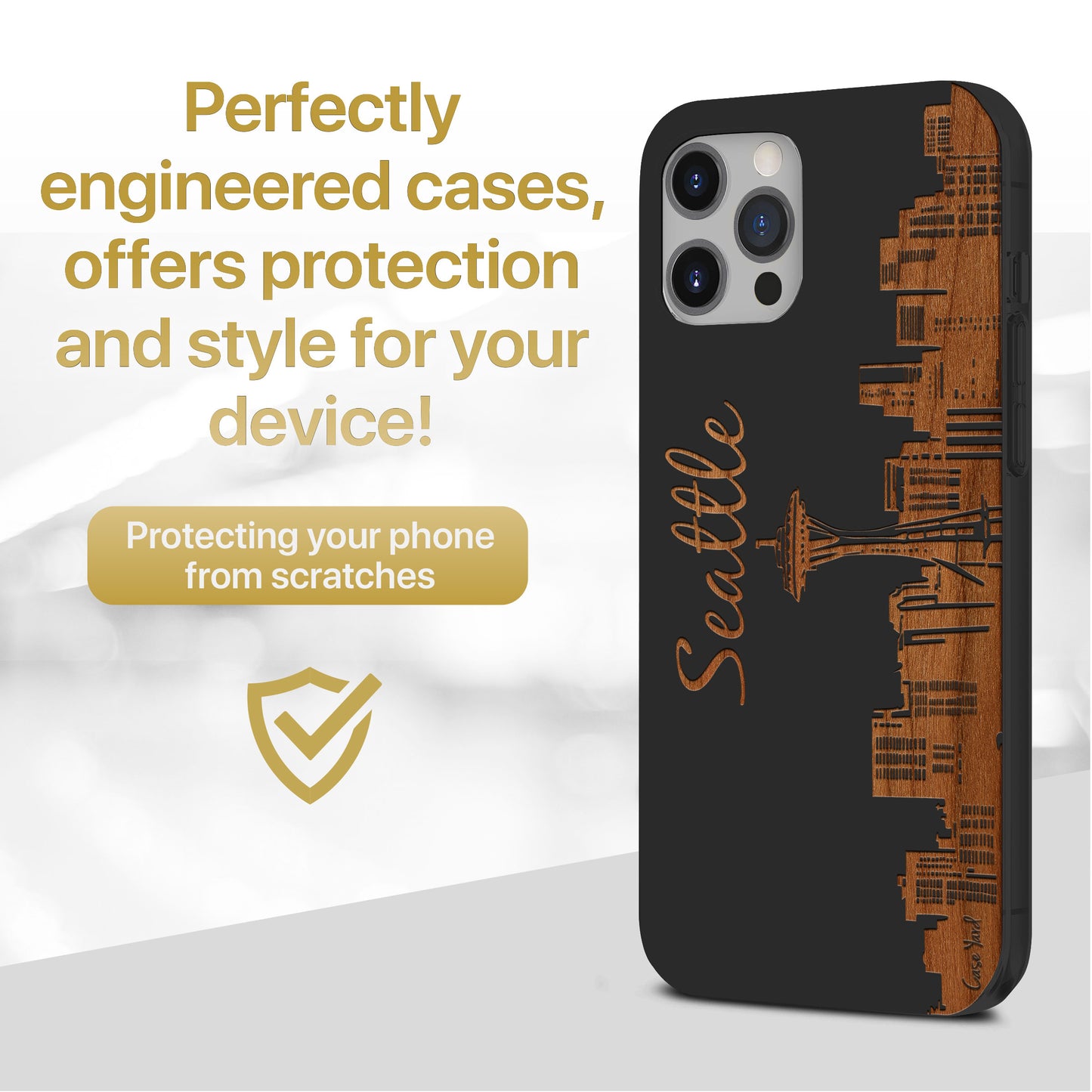 Wooden Cell Phone Case Cover, Laser Engraved case for iPhone & Samsung phone Seattle Skyline Design