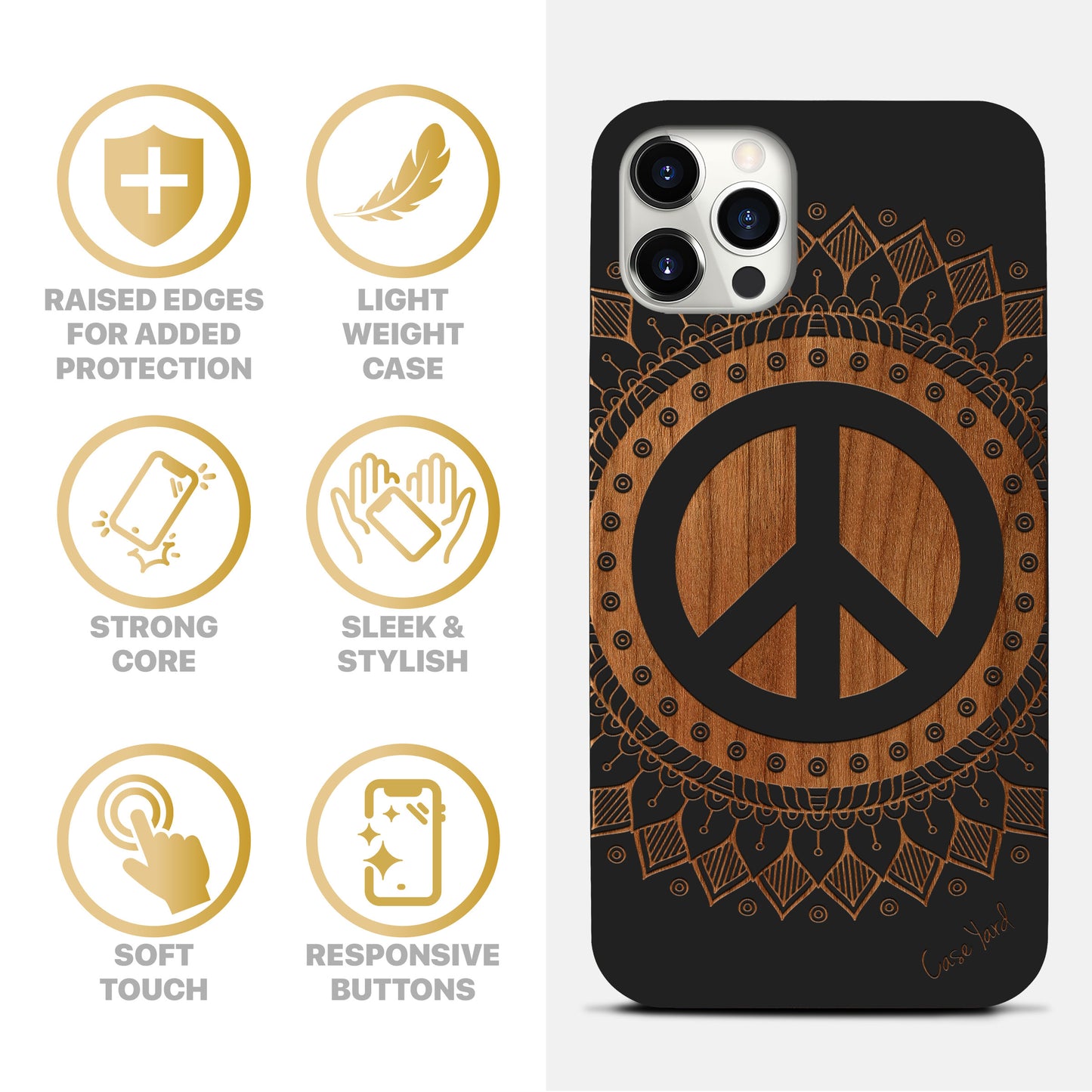 Wooden Cell Phone Case Cover, Laser Engraved case for iPhone & Samsung phone Peace Mandala Wood Design