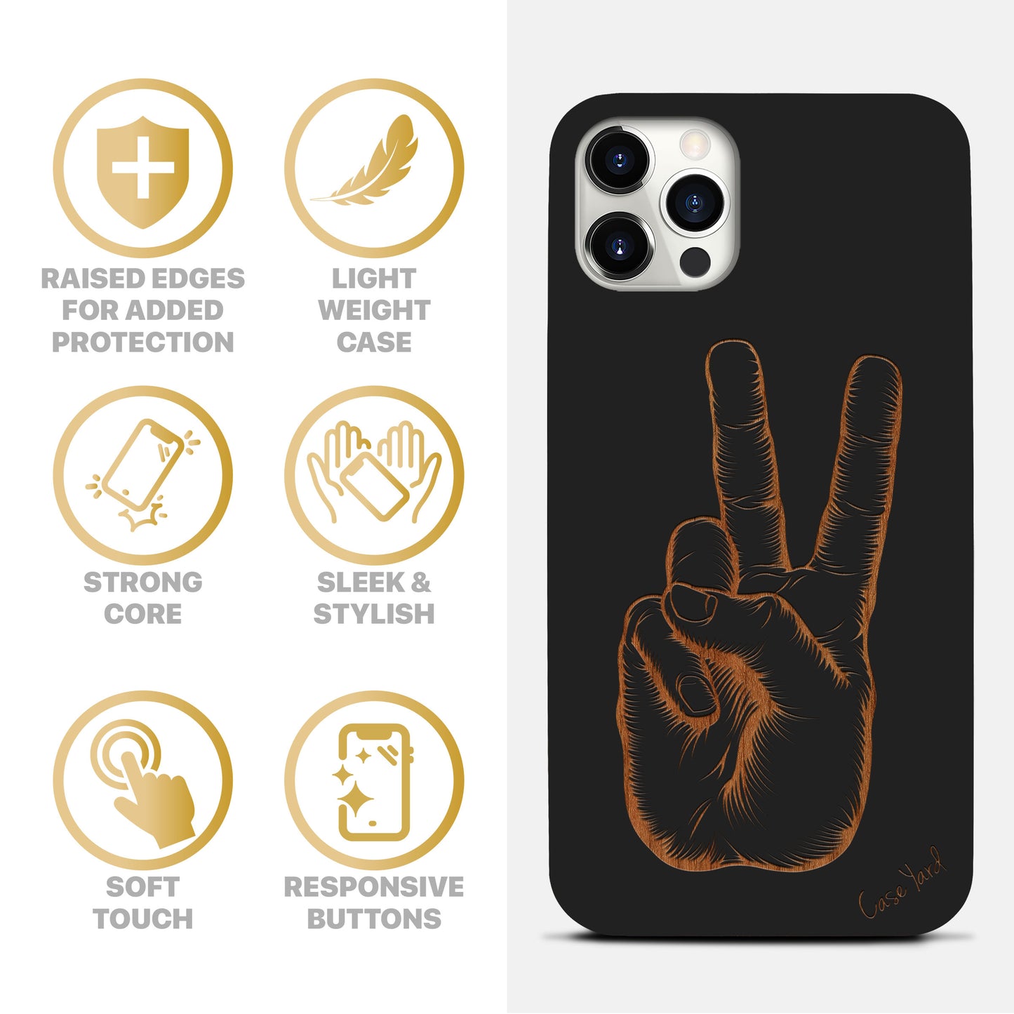 Wooden Cell Phone Case Cover, Laser Engraved case for iPhone & Samsung phone Peace Hand Sign Design