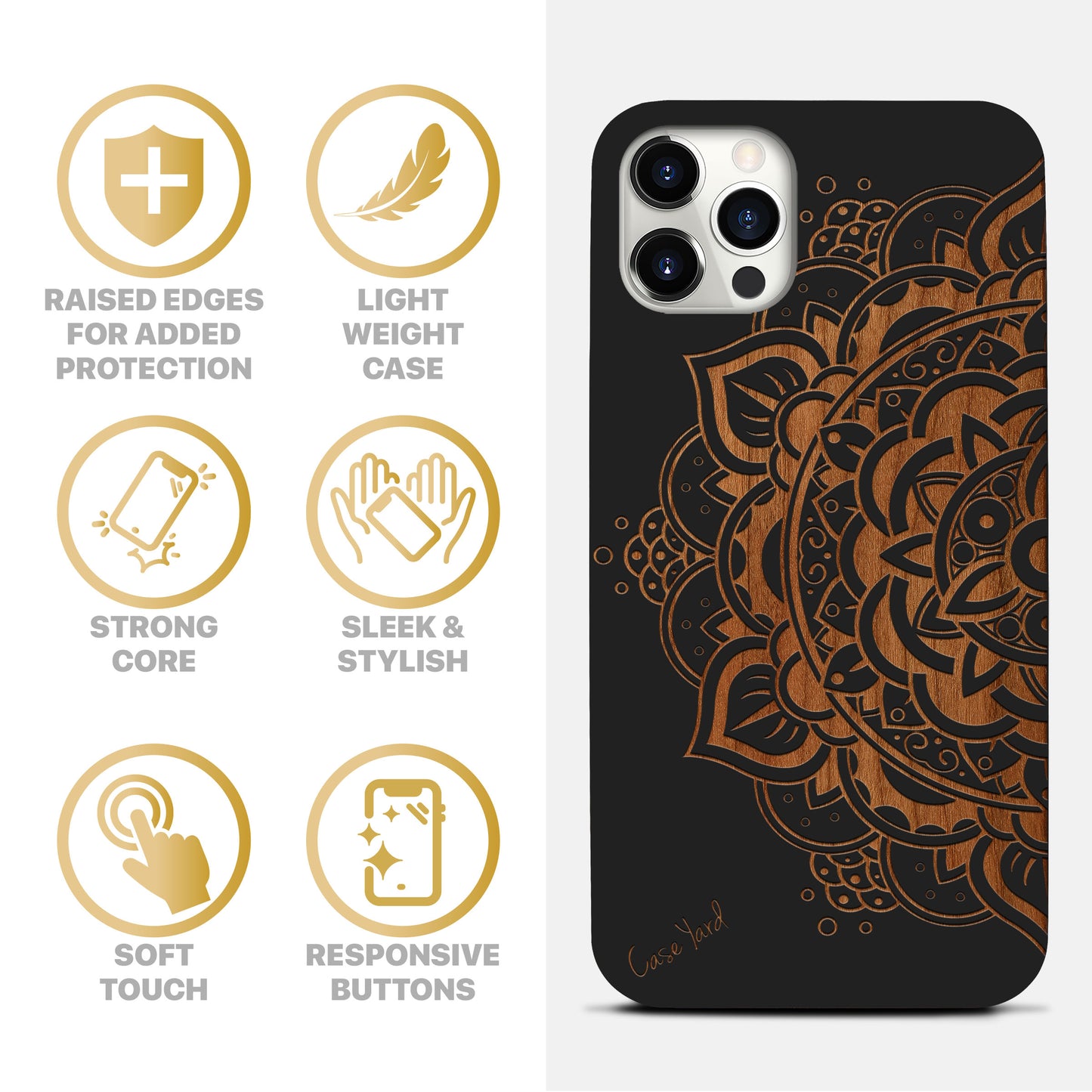 Wooden Cell Phone Case Cover, Laser Engraved case for iPhone & Samsung phone Half Flower Mandala Design