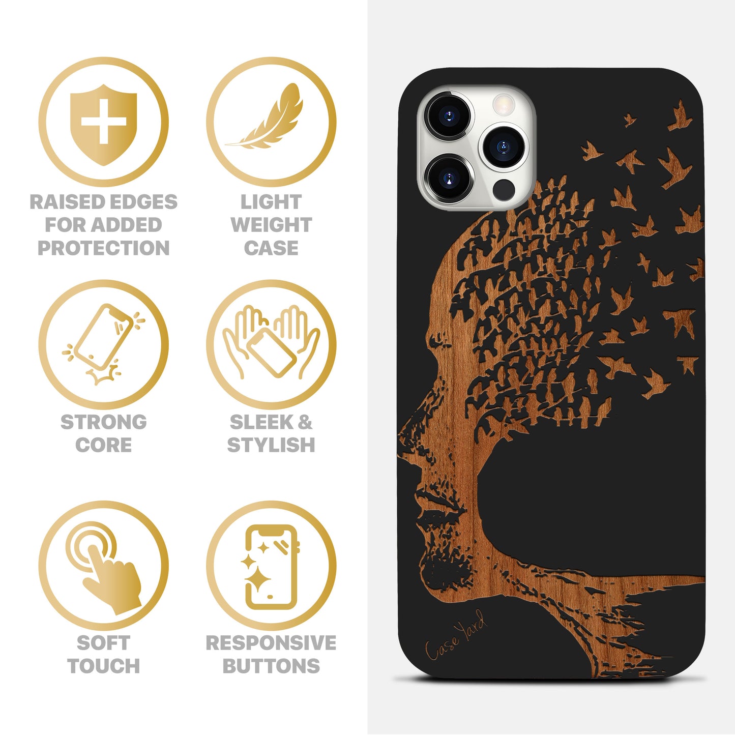 Head with Flying Birds Wooden Laser Engraved Phone Case