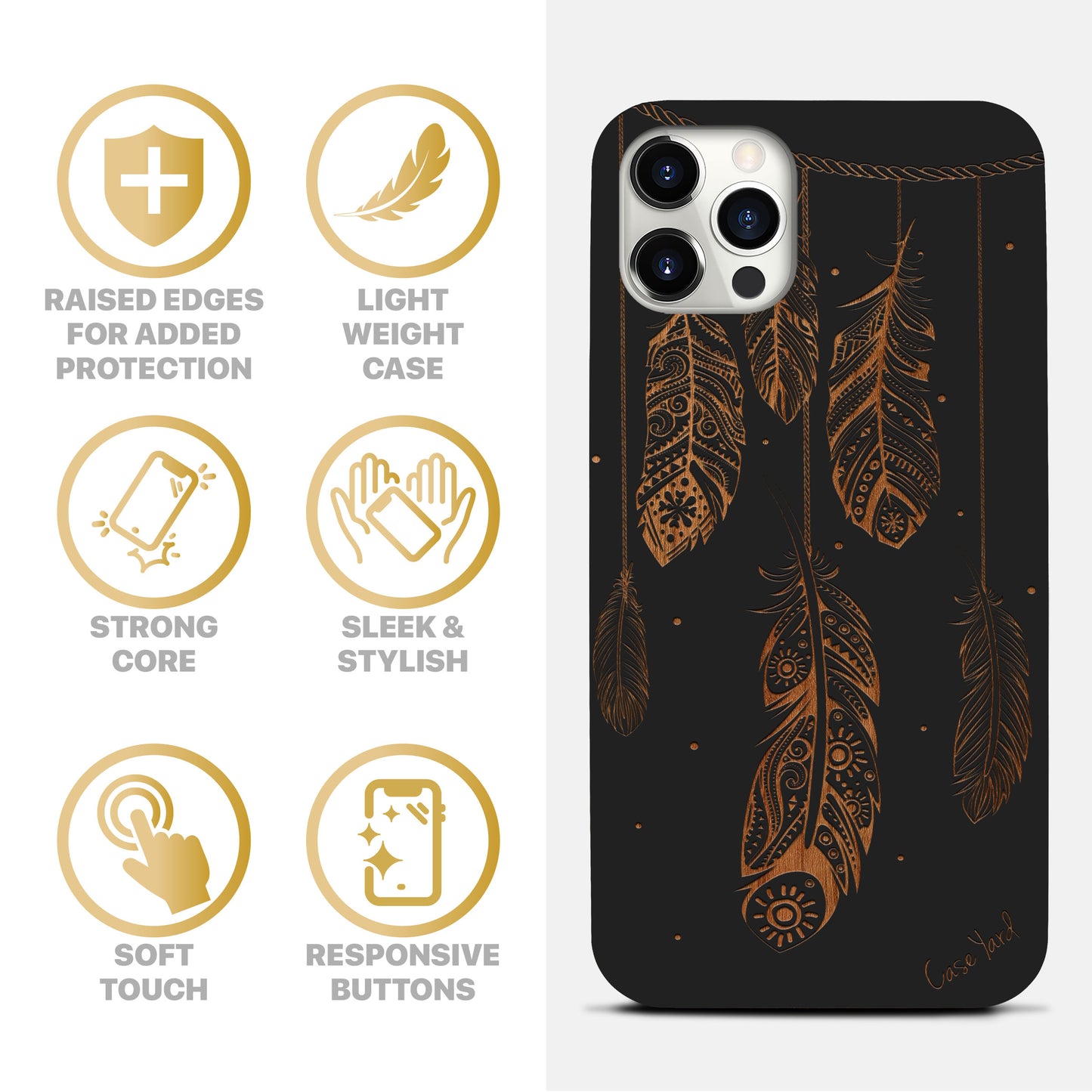 Feathers Wooden Laser Engraved Phone Case