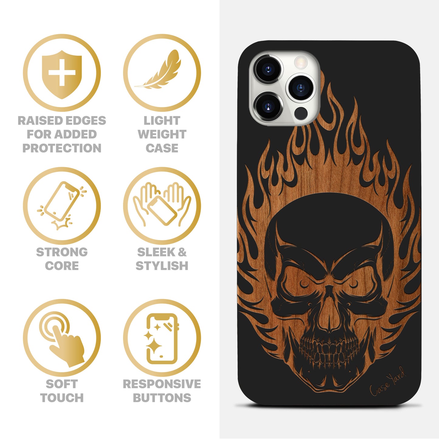 Wooden Cell Phone Case Cover, Laser Engraved case for iPhone & Samsung phone Skull on Fire Design