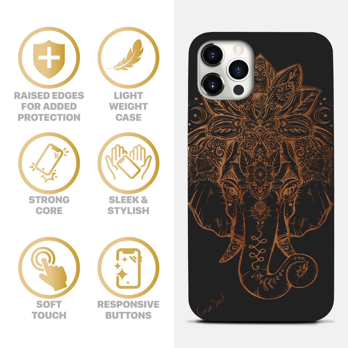 Wooden Cell Phone Case Cover, Laser Engraved case for iPhone & Samsung phone Elephant with Crown Design
