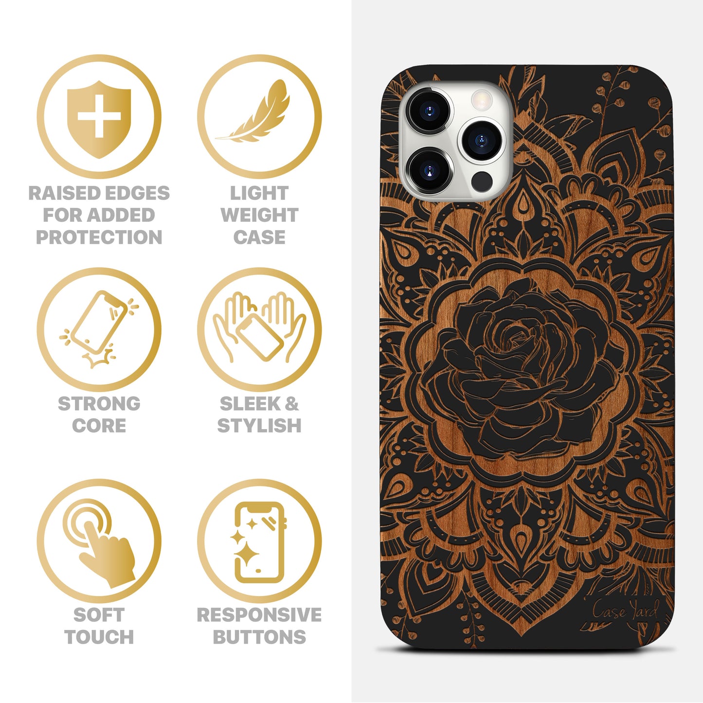 Wooden Cell Phone Case Cover, Laser Engraved case for iPhone & Samsung phone Rose Mandala Design