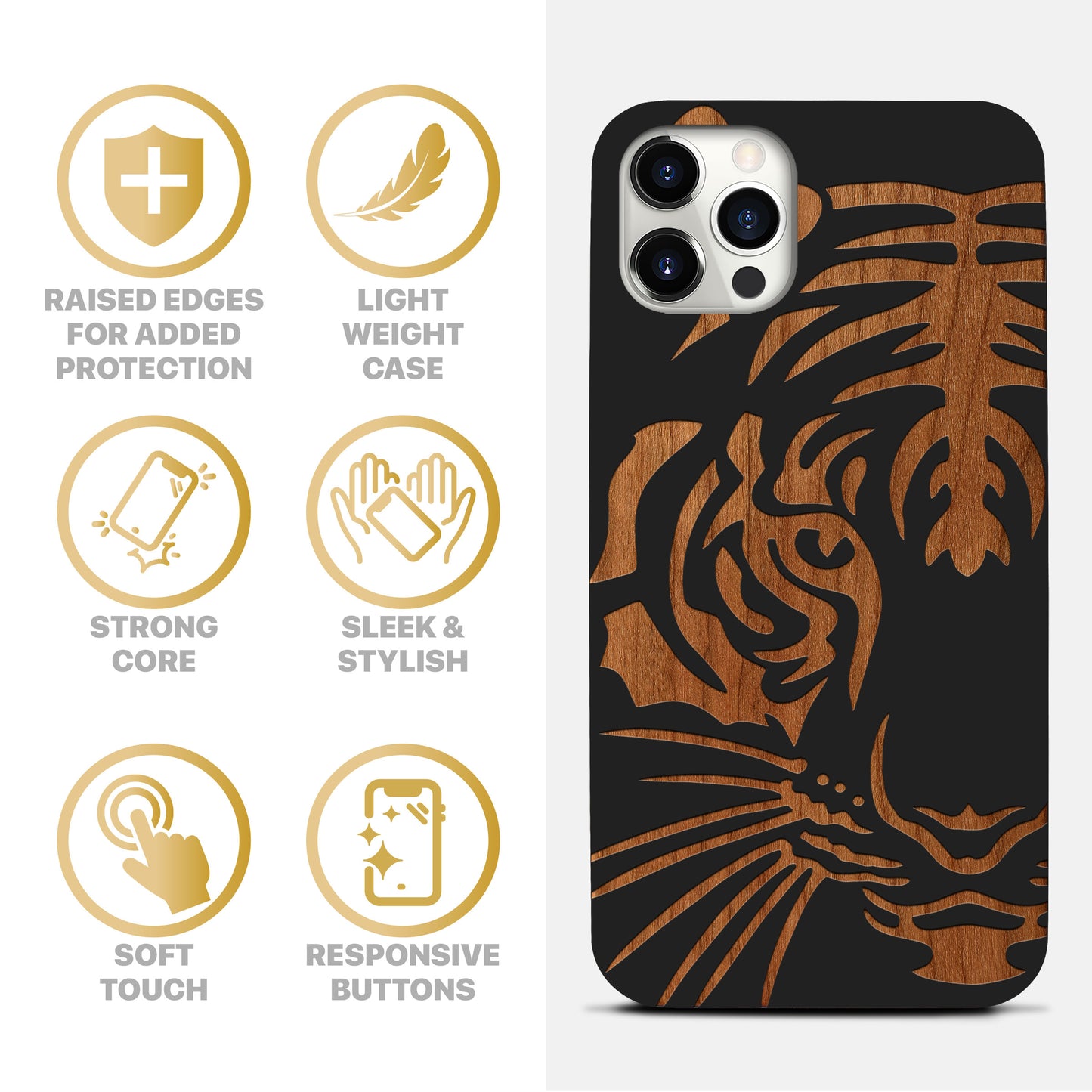 Half TigerFace Wooden Laser Engraved Phone Case